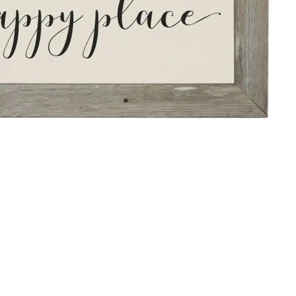 Close-up detail of Brayden and Brooks Large Rustic Sign — This is Our Happy Place, showing the handmade frame texture
