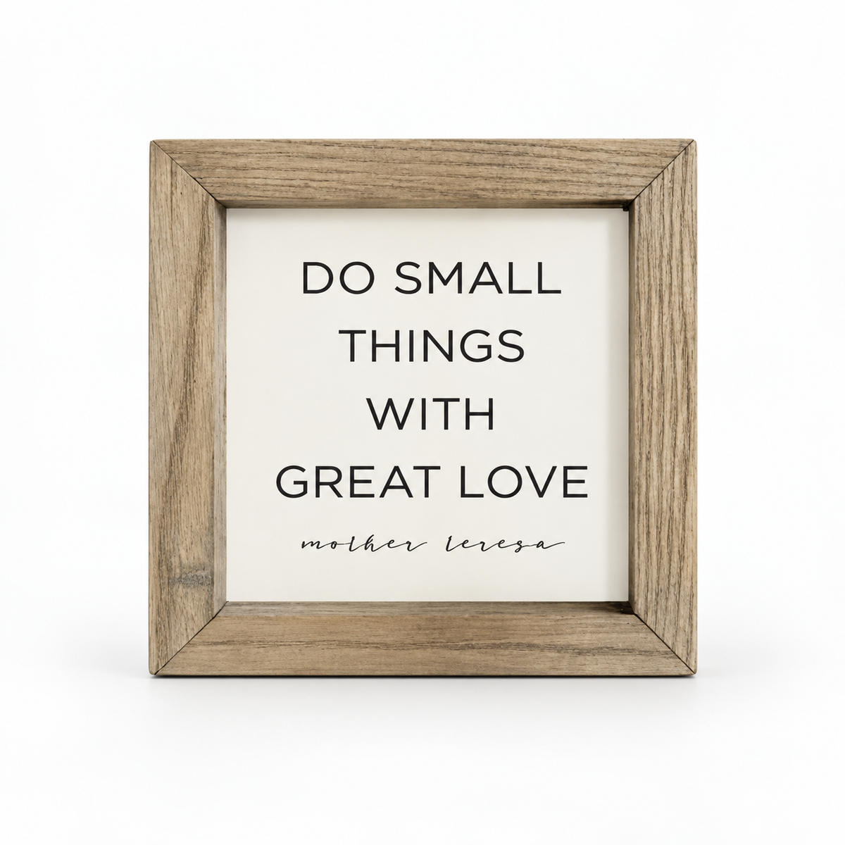 Brayden and Brooks Do Small Things With Great Love small rustic oak sign, 20 x 20 cm, straight-on studio view on white.