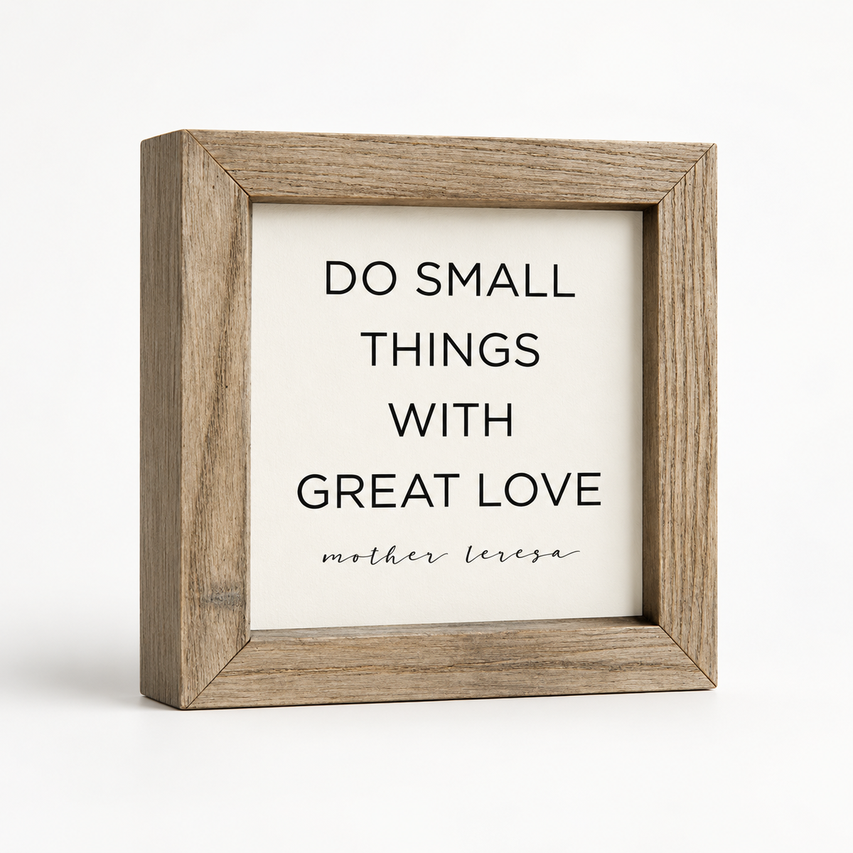 Brayden and Brooks Do Small Things With Great Love small rustic oak sign, 20 x 20 cm, angled studio view on white.