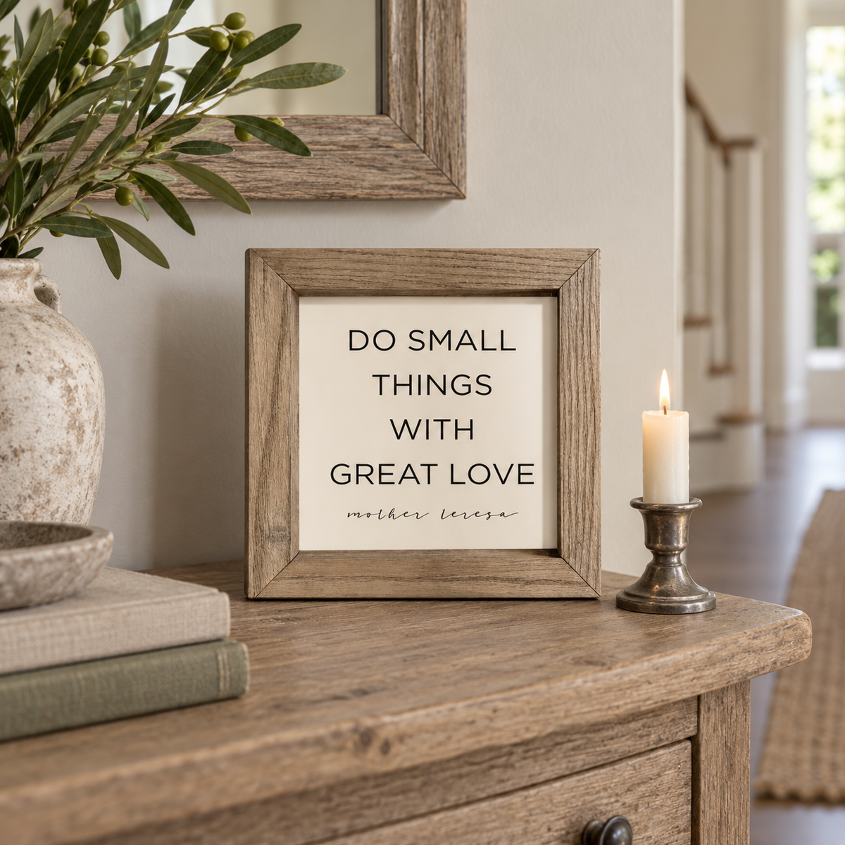 Brayden and Brooks Do Small Things With Great Love small rustic oak sign, 20 x 20 cm styled at true scale in a classic modern country interior, view 3.