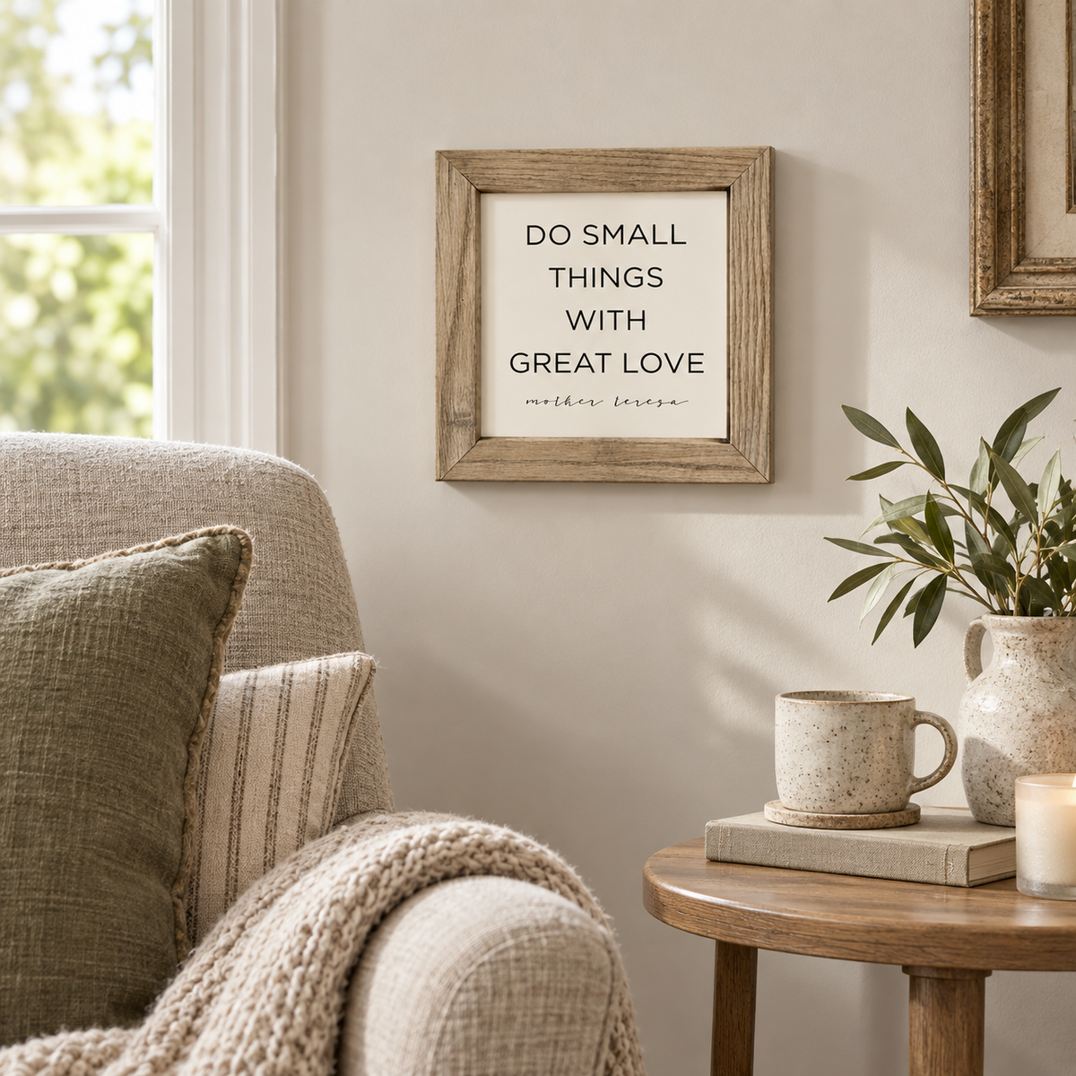 Brayden and Brooks Do Small Things With Great Love small rustic oak sign, 20 x 20 cm styled at true scale in a classic modern country interior, view 4.