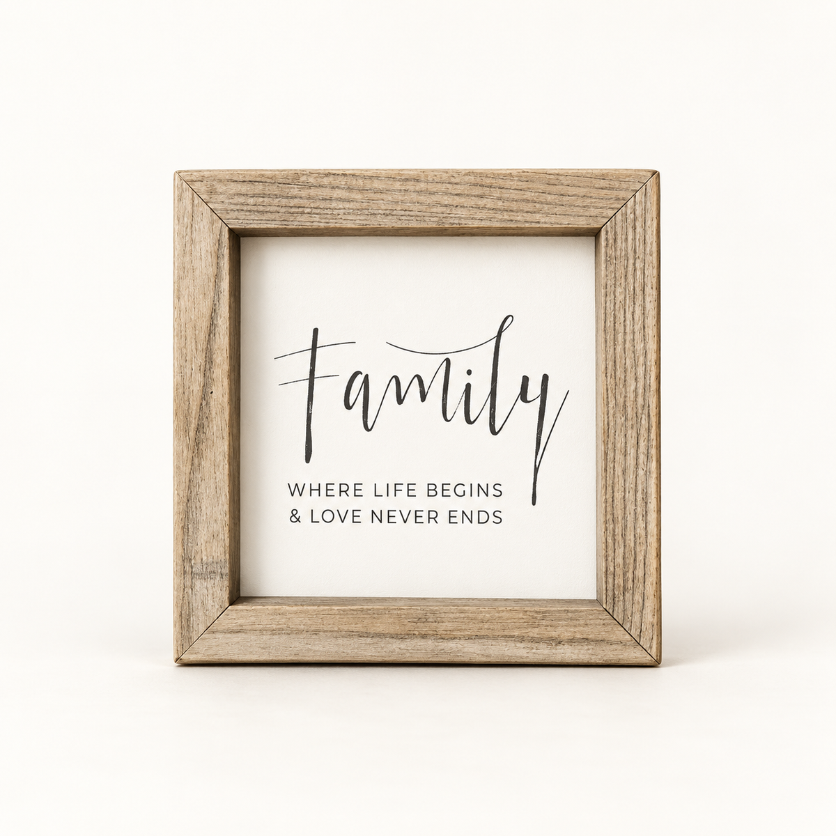 Brayden and Brooks Family Where Life Begins and Love Never Ends small square rustic oak sign, 20 x 20 cm, straight-on studio view on white.