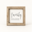 Brayden and Brooks Family Where Life Begins and Love Never Ends small square rustic oak sign, 20 x 20 cm, straight-on studio view on white.