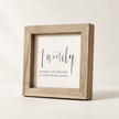 Brayden and Brooks Family Where Life Begins and Love Never Ends small square rustic oak sign, 20 x 20 cm, angled studio view on white.