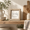 Brayden and Brooks Family Where Life Begins and Love Never Ends small square rustic oak sign, 20 x 20 cm styled at true scale in a classic modern country interior, view 1.