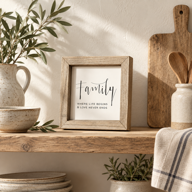 Brayden and Brooks Family Where Life Begins and Love Never Ends small square rustic oak sign, 20 x 20 cm styled at true scale in a classic modern country interior, view 1.