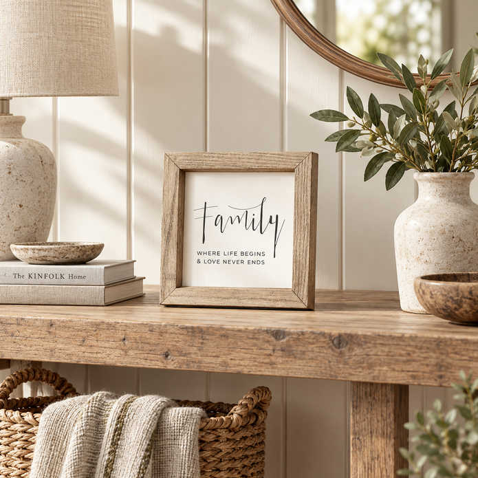 Brayden and Brooks Family Where Life Begins and Love Never Ends small square rustic oak sign, 20 x 20 cm styled at true scale in a classic modern country interior, view 2.