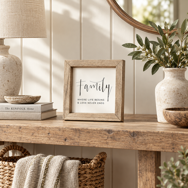 Brayden and Brooks Family Where Life Begins and Love Never Ends small square rustic oak sign, 20 x 20 cm styled at true scale in a classic modern country interior, view 2.