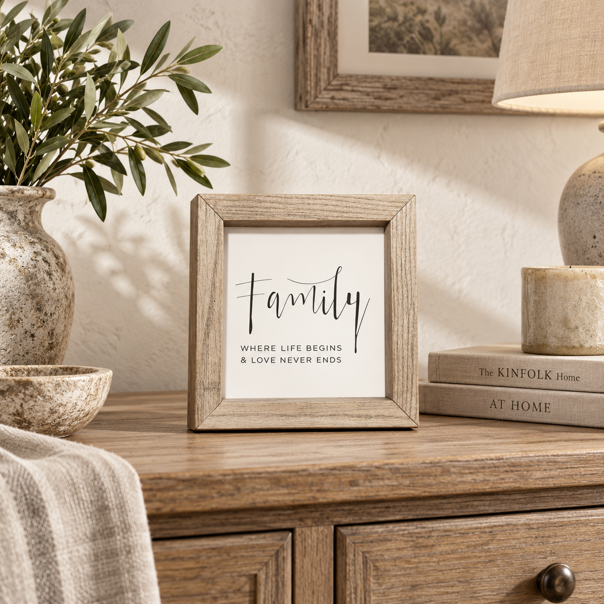 Brayden and Brooks Family Where Life Begins and Love Never Ends small square rustic oak sign, 20 x 20 cm styled at true scale in a classic modern country interior, view 3.
