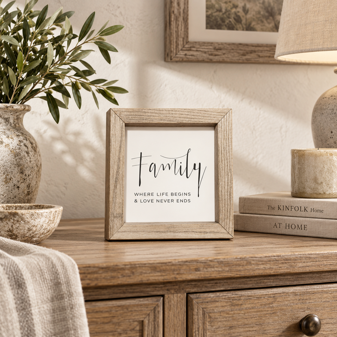 Brayden and Brooks Family Where Life Begins and Love Never Ends small square rustic oak sign, 20 x 20 cm styled at true scale in a classic modern country interior, view 3.