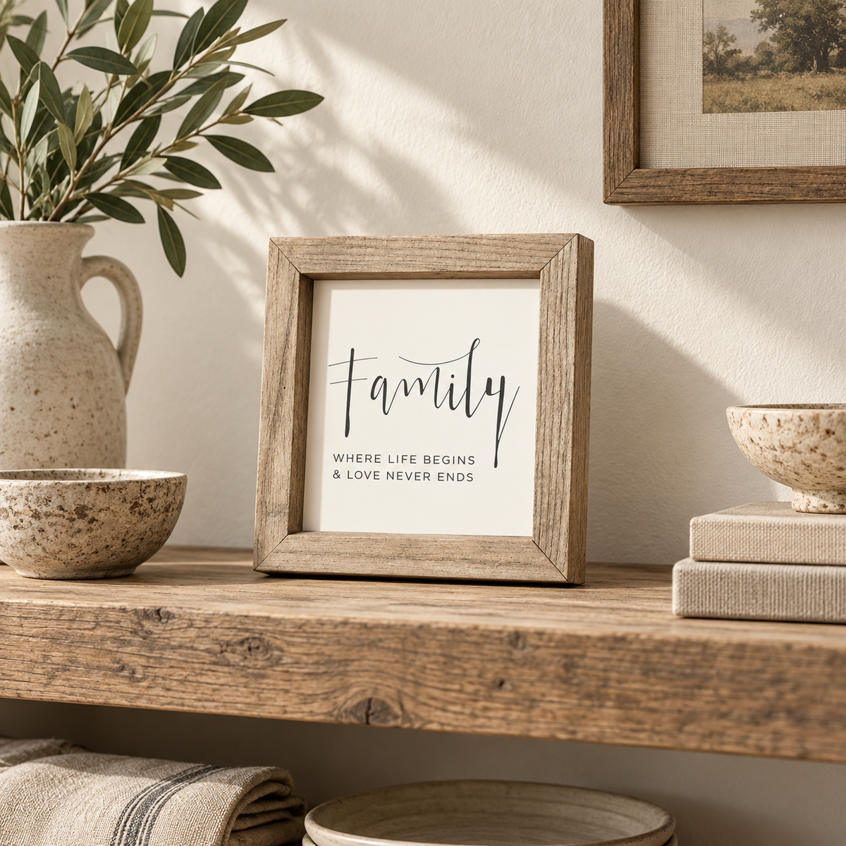 Brayden and Brooks Family Where Life Begins and Love Never Ends small square rustic oak sign, 20 x 20 cm styled at true scale in a classic modern country interior, view 4.