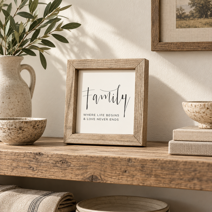 Brayden and Brooks Family Where Life Begins and Love Never Ends small square rustic oak sign, 20 x 20 cm styled at true scale in a classic modern country interior, view 4.