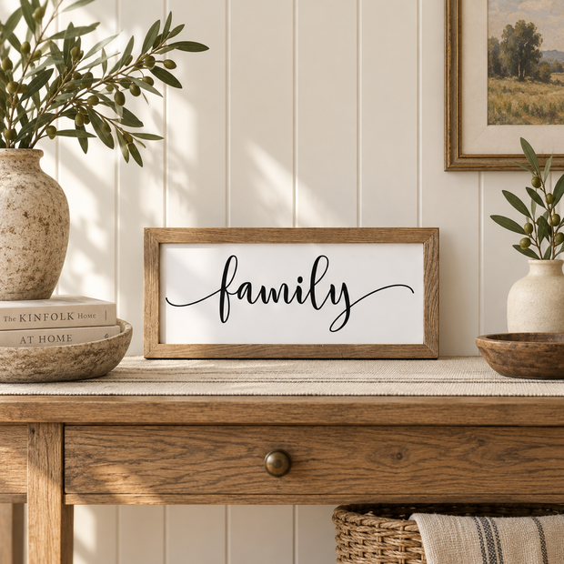 Brayden and Brooks Family medium rustic oak sign, approximately 41 x 18 cm styled at true scale in a classic modern country interior, view 1.
