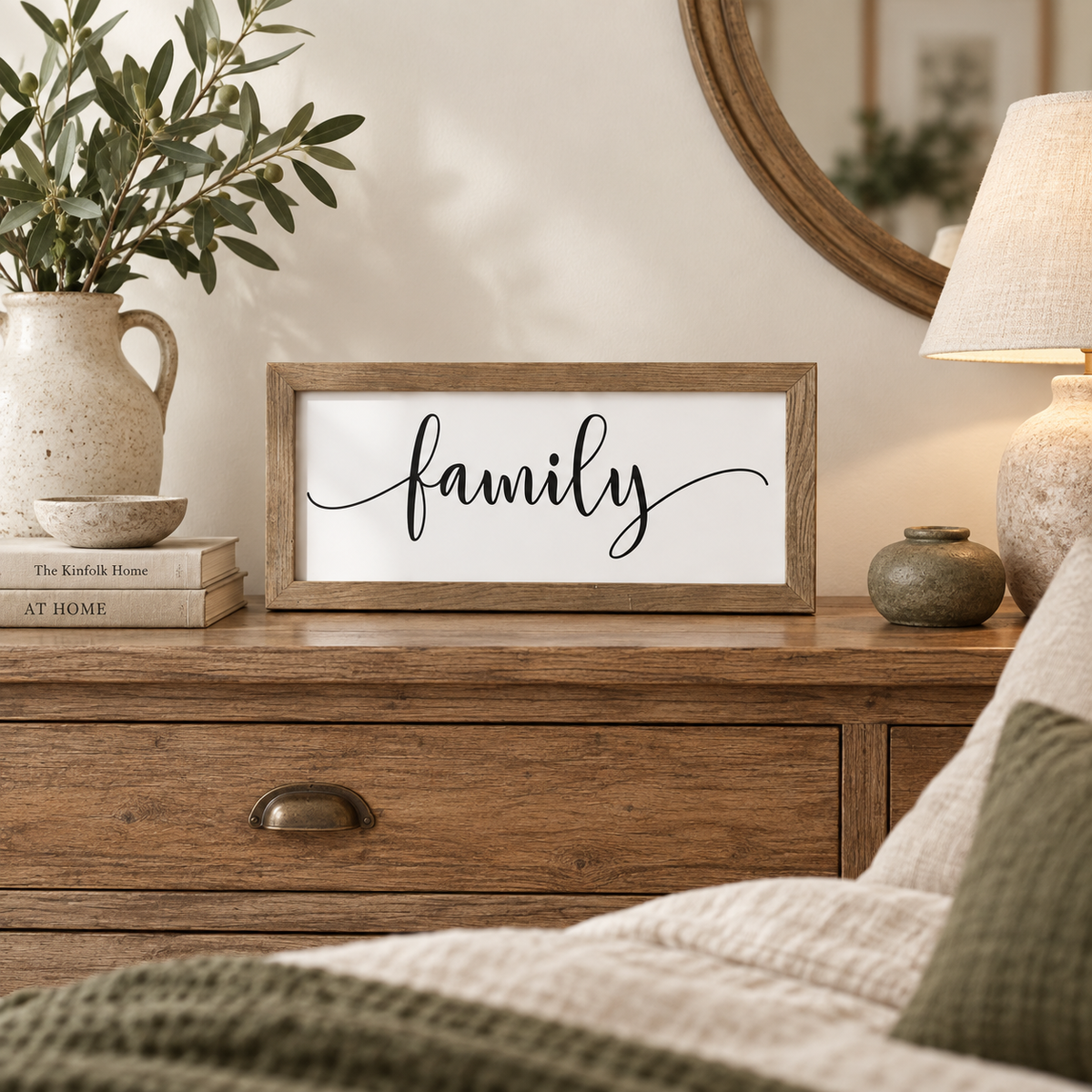 Brayden and Brooks Family medium rustic oak sign, approximately 41 x 18 cm styled at true scale in a classic modern country interior, view 3.