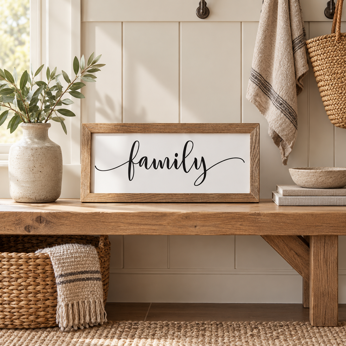 Brayden and Brooks Family medium rustic oak sign, approximately 41 x 18 cm styled at true scale in a classic modern country interior, view 4.