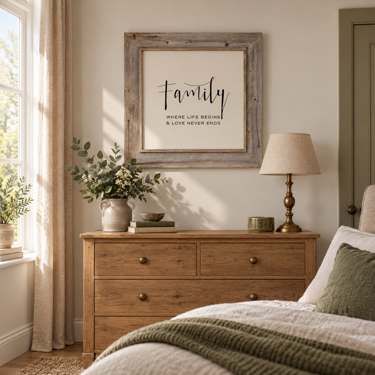 Brayden and Brooks Family rustic oak sign, 75 x 75 cm, styled in a warm modern country bedroom