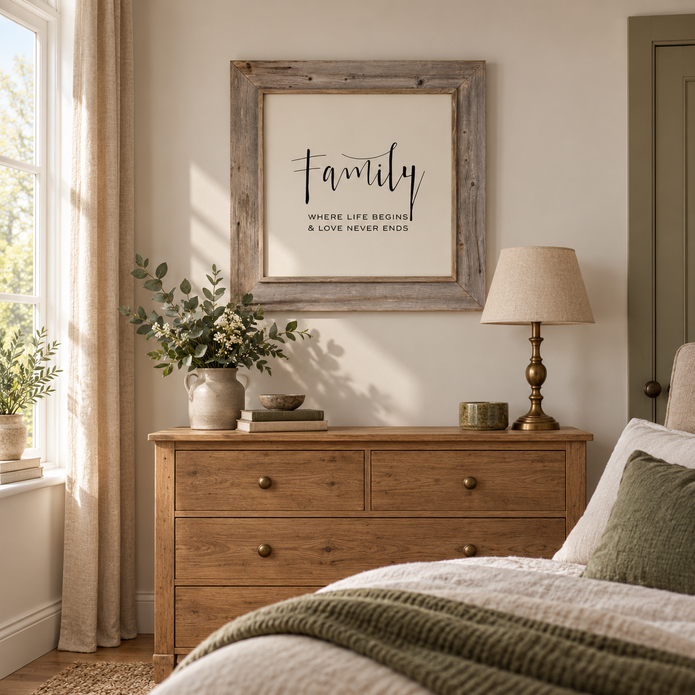 Brayden and Brooks Family rustic oak sign, 75 x 75 cm, styled in a warm modern country bedroom