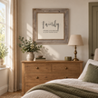 Brayden and Brooks Family rustic oak sign, 75 x 75 cm, styled in a warm modern country bedroom