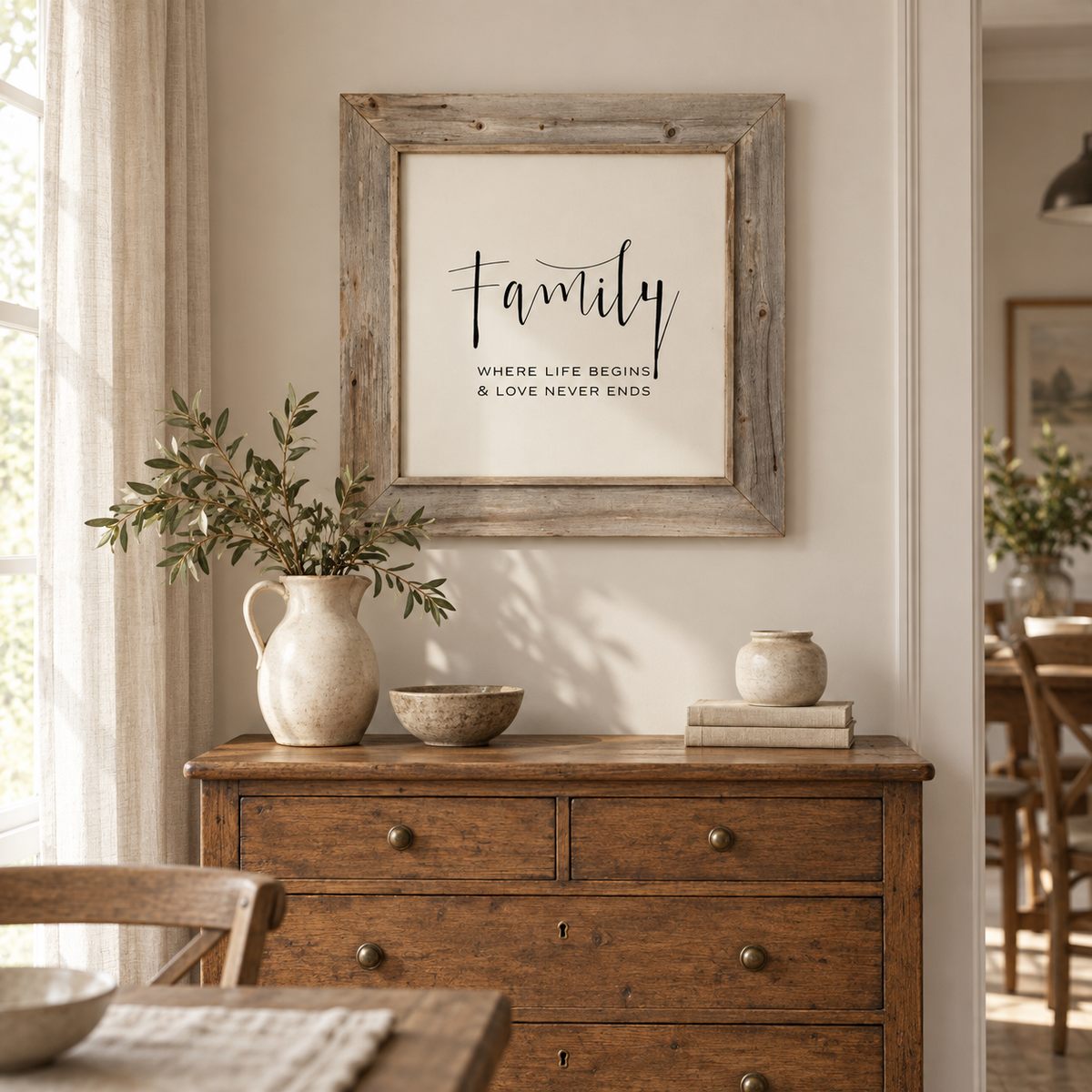 Brayden and Brooks Family rustic oak sign, 75 x 75 cm, styled in a classic country dining room