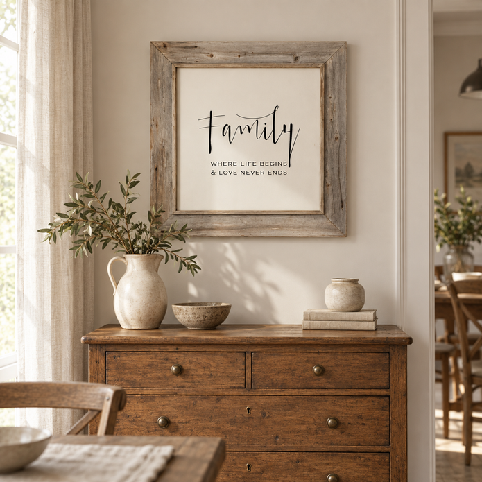 Brayden and Brooks Family rustic oak sign, 75 x 75 cm, styled in a classic country dining room