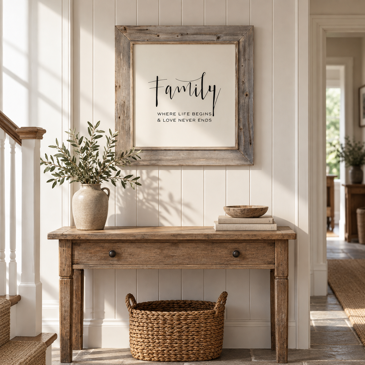 Brayden and Brooks Family rustic oak sign, 75 x 75 cm, styled above a country hallway console