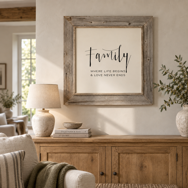 Brayden and Brooks Family rustic oak sign, 75 x 75 cm, styled in a classic modern country living room