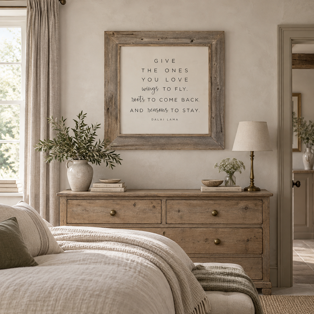 Brayden and Brooks Give the Ones You Love rustic oak sign, 75 x 75 cm, styled in a country bedroom