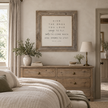 Brayden and Brooks Give the Ones You Love rustic oak sign, 75 x 75 cm, styled in a country bedroom