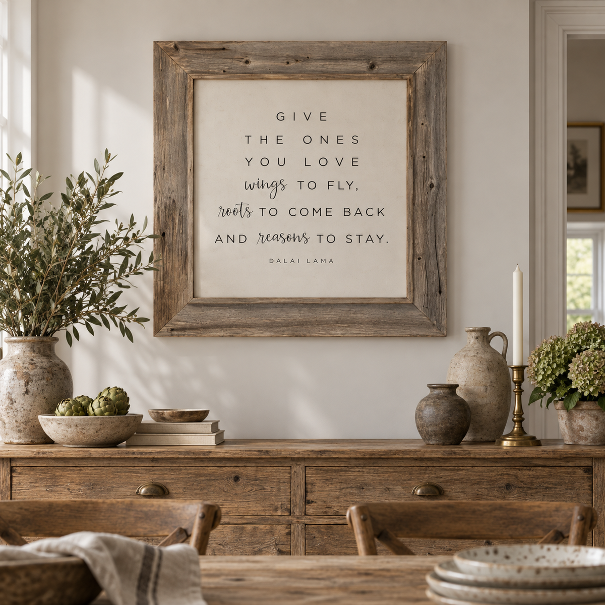 Brayden and Brooks Give the Ones You Love rustic oak sign, 75 x 75 cm, styled in a country dining room