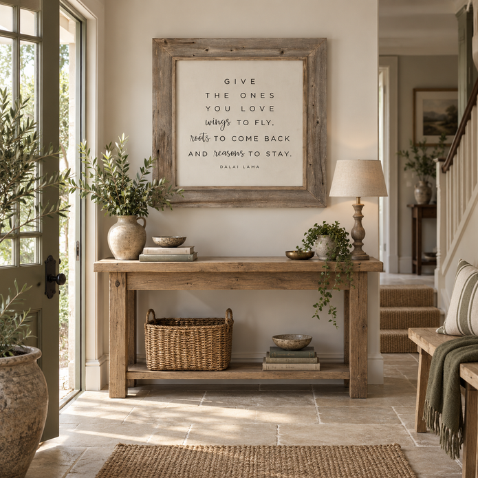 Brayden and Brooks Give the Ones You Love rustic oak sign, 75 x 75 cm, styled in a country hallway