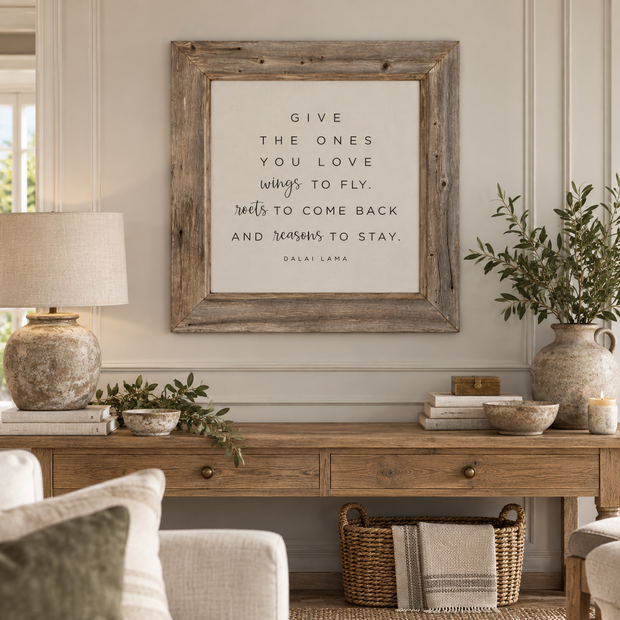 Brayden and Brooks Give the Ones You Love rustic oak sign, 75 x 75 cm, styled in a country living room