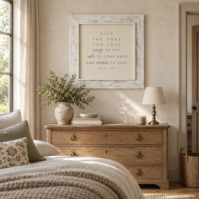 Brayden and Brooks Give the Ones You Love whitewashed sign, 75 x 75 cm, styled in a country bedroom