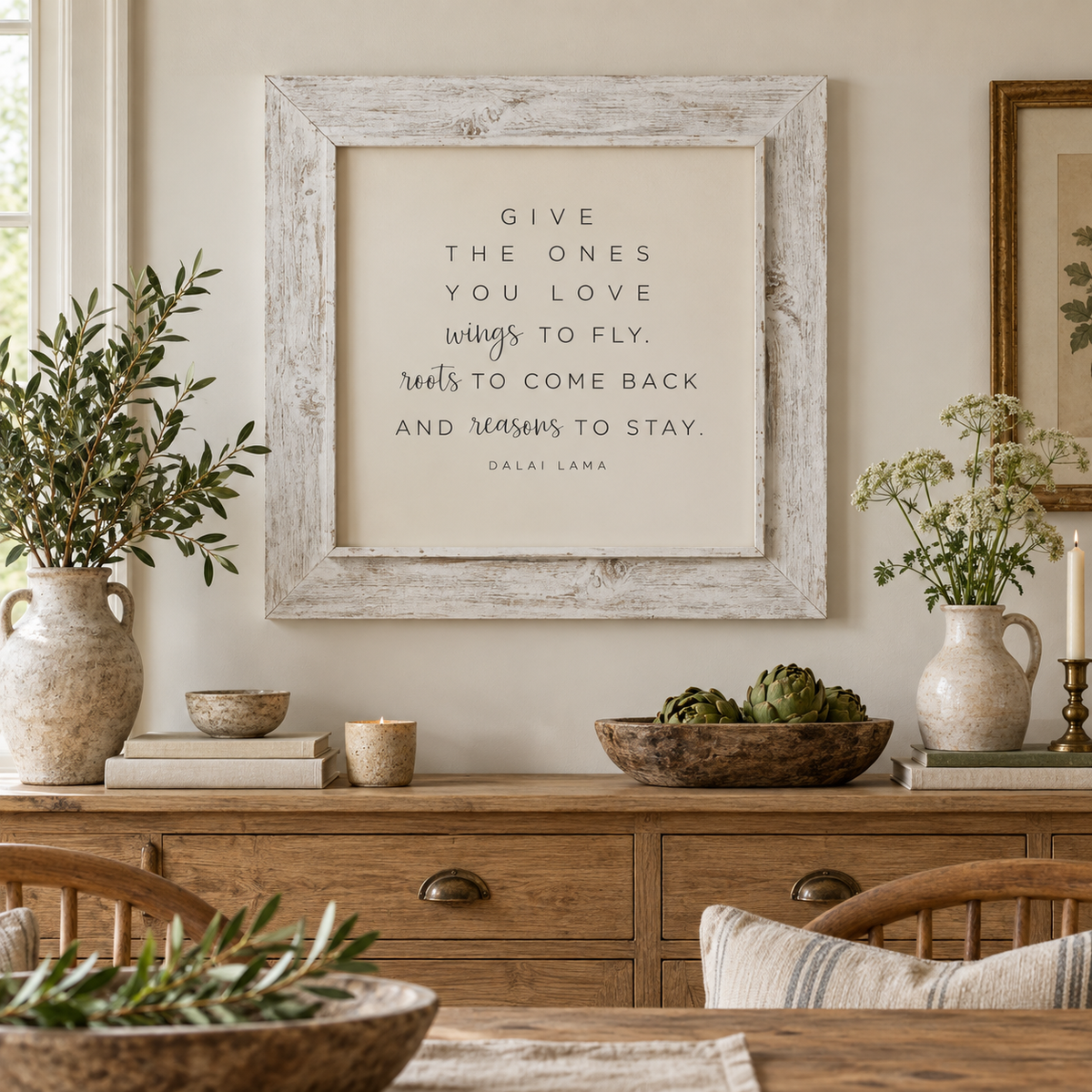 Brayden and Brooks Give the Ones You Love whitewashed sign, 75 x 75 cm, styled in a country dining room