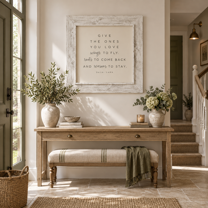 Brayden and Brooks Give the Ones You Love whitewashed sign, 75 x 75 cm, styled in a country hallway