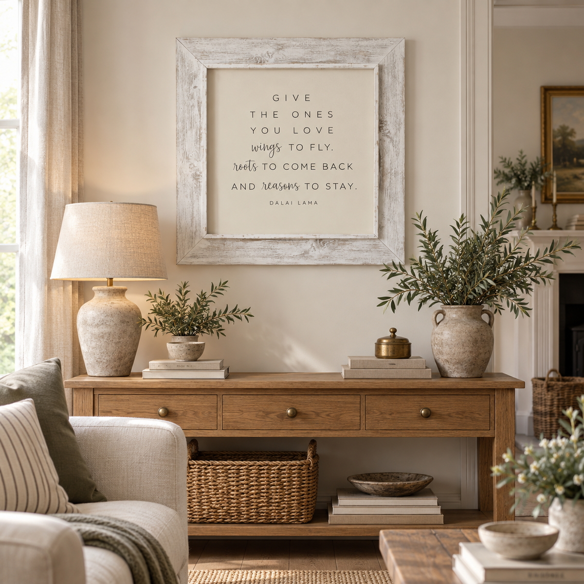 Brayden and Brooks Give the Ones You Love whitewashed sign, 75 x 75 cm, styled in a country living room