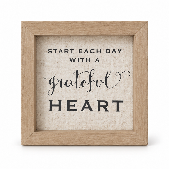 Brayden and Brooks Start Each Day With A Grateful Heart small rustic oak sign, 20 x 20 cm, straight-on studio view on white.