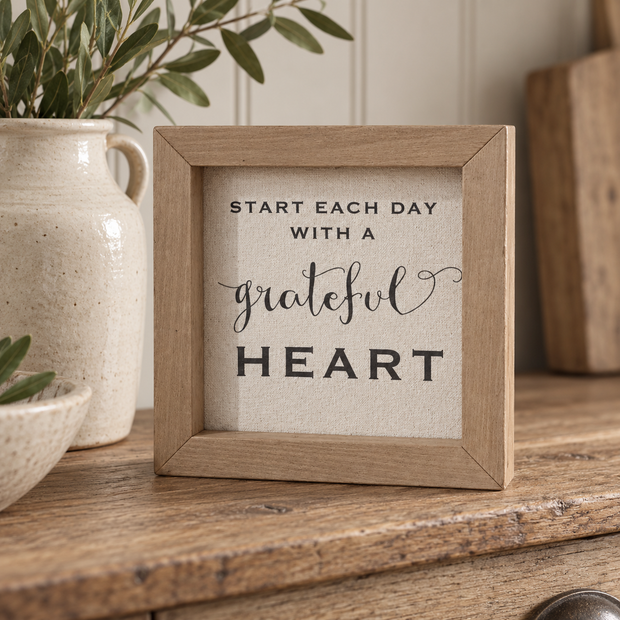 Brayden and Brooks Start Each Day With A Grateful Heart small rustic oak sign, 20 x 20 cm styled at true scale in a classic modern country interior, view 1.