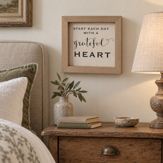 Brayden and Brooks Start Each Day With A Grateful Heart small rustic oak sign, 20 x 20 cm styled at true scale in a classic modern country interior, view 2.