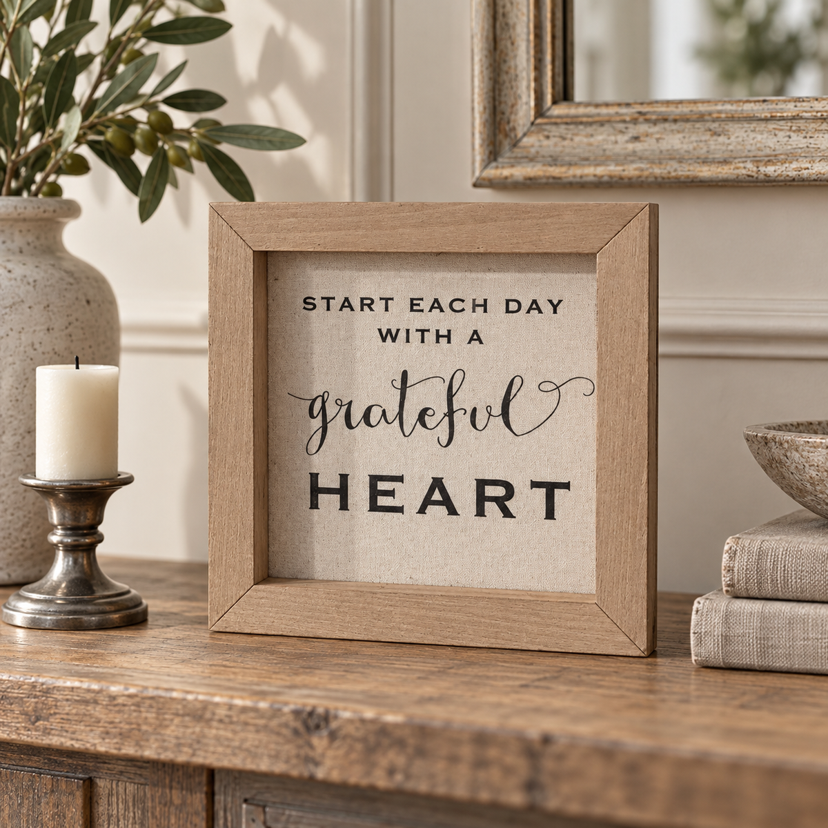Brayden and Brooks Start Each Day With A Grateful Heart small rustic oak sign, 20 x 20 cm styled at true scale in a classic modern country interior, view 3.