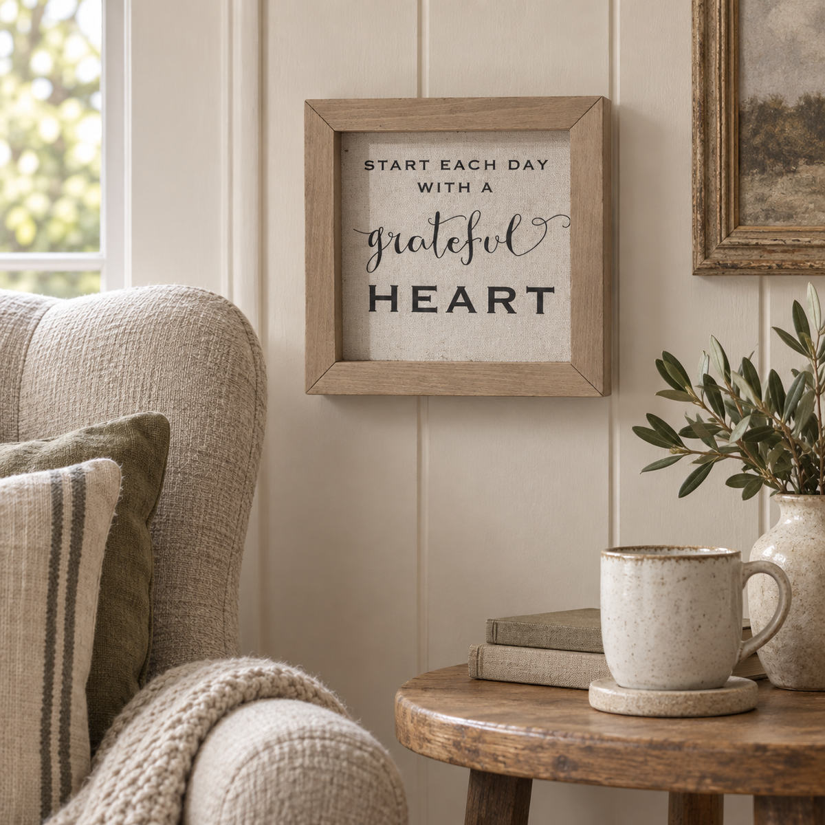 Brayden and Brooks Start Each Day With A Grateful Heart small rustic oak sign, 20 x 20 cm styled at true scale in a classic modern country interior, view 4.