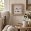 Brayden and Brooks Start Each Day With A Grateful Heart small rustic oak sign, 20 x 20 cm styled at true scale in a classic modern country interior, view 4.