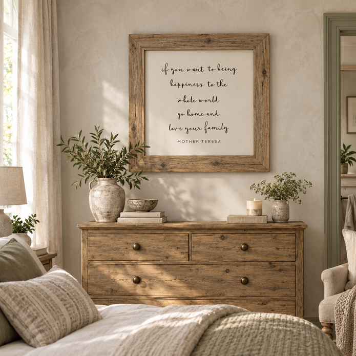 Brayden and Brooks Happiness rustic oak sign, 75 x 75 cm, styled in a classic country bedroom