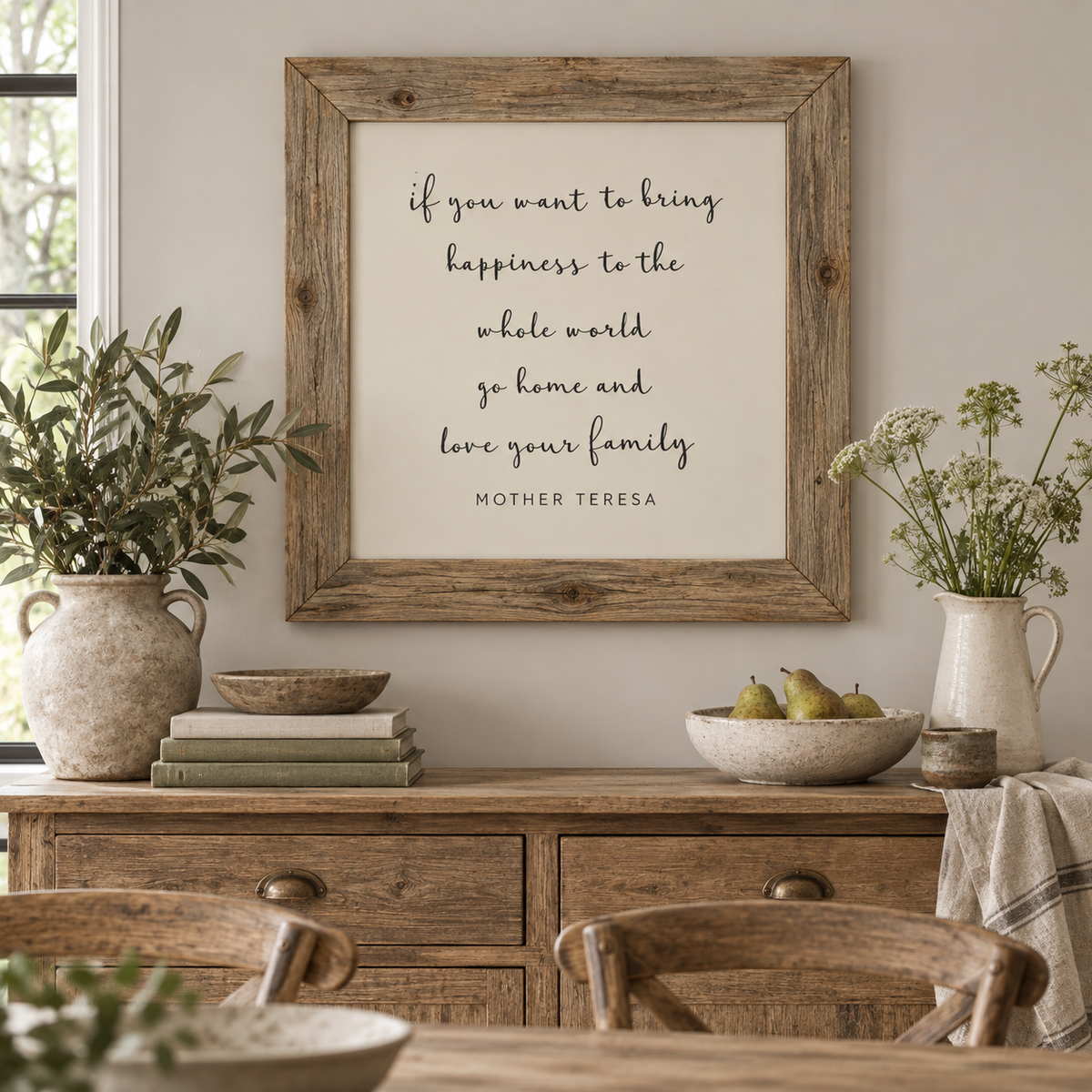 Brayden and Brooks Happiness rustic oak sign, 75 x 75 cm, styled in a country dining room