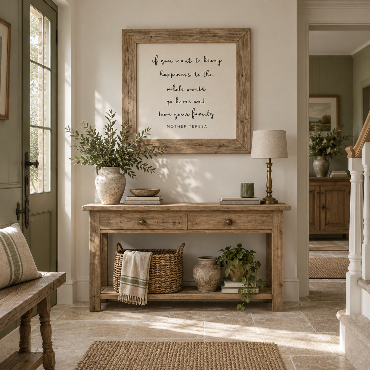 Brayden and Brooks Happiness rustic oak sign, 75 x 75 cm, styled in a country hallway