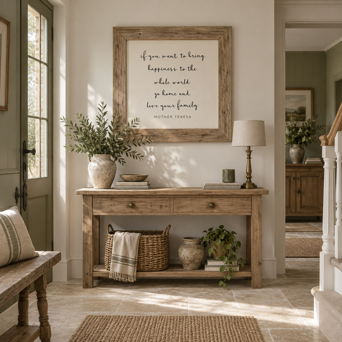 Brayden and Brooks Happiness rustic oak sign, 75 x 75 cm, styled in a country hallway