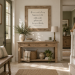 Brayden and Brooks Happiness rustic oak sign, 75 x 75 cm, styled in a country hallway
