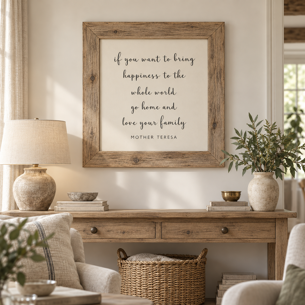 Brayden and Brooks Happiness rustic oak sign, 75 x 75 cm, styled in a classic modern country living room