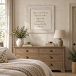 Brayden and Brooks Happiness whitewashed sign, 75 x 75 cm, styled in a classic country bedroom