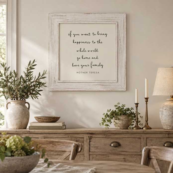 Brayden and Brooks Happiness whitewashed sign, 75 x 75 cm, styled in a country dining room