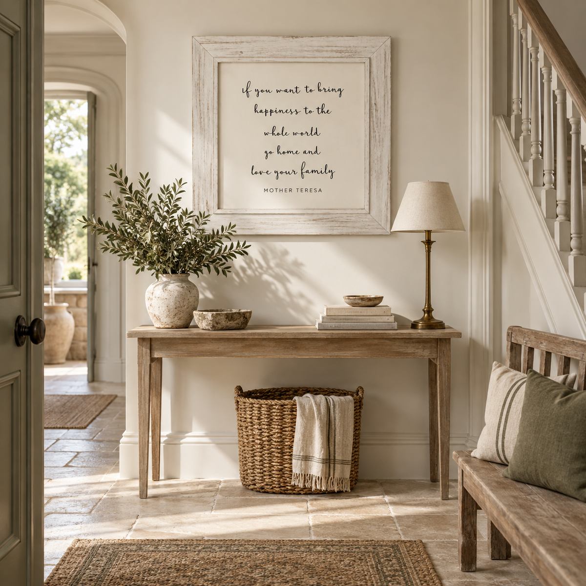 Brayden and Brooks Happiness whitewashed sign, 75 x 75 cm, styled in a country hallway